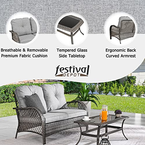 Festival Depot 2 Pieces Patio Bistro Set PE Wicker Loveseat with Tempered Glass Top Side Table Outdoor Furniture Conversation Set (Brown Wicker, Grey Cushion)