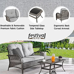 Festival Depot 2 Pieces Patio Bistro Set PE Wicker Loveseat with Tempered Glass Top Side Table Outdoor Furniture Conversation Set (Brown Wicker, Grey Cushion)