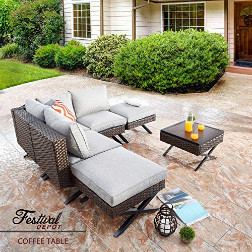 Festival Depot Coffee Dining Bistro Outdoor Side Patio Furniture Table Wicker Rattan Wood Grain Desktop Square with X Shaped Slatted Steel Legs Poolside Garden All Weather 22"(L) x 22"(W) x 14.7"(H)