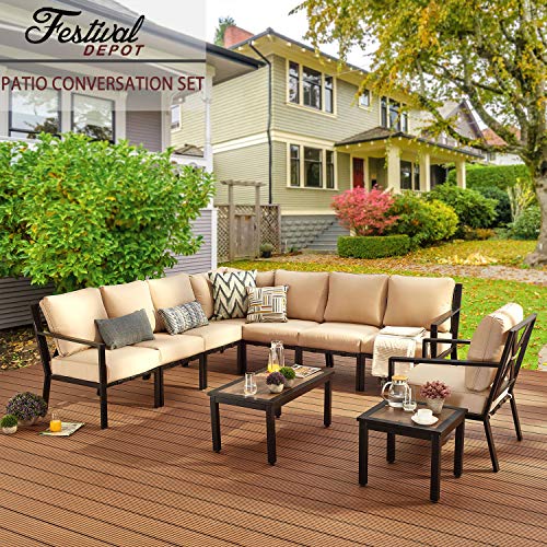 Festival Depot Outdoor Furniture Patio Conversation Sets Loveseat Armchair, All-Weather Black X Slatted Backrest Chairs with Coffee Side Table and Thick Soft Removable Couch Cushions
