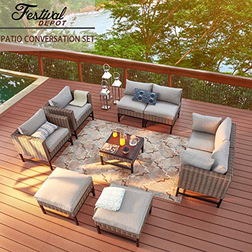 Festival Depot 9 Pieces Patio Conversation Set Outdoor Furniture Combination Sectional Sofa Loveseat All-Weather Woven Wicker Metal Armchairs with Seating Back Cushions Side Coffee Table Ottoman, Gray