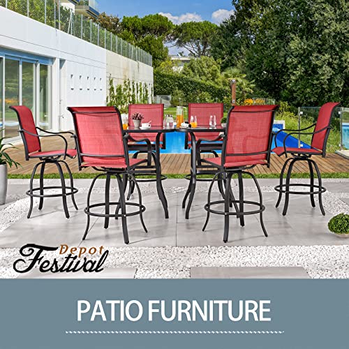 Festival Depot 8pcs Outdoor Patio Dining Furniture Sets Bar Bistro High Stools 360° Swivel Chairs with Slatted Steel Curved Armrest Coffee Table Tempered Glass Desktop (6 Chairs,2 Table) 