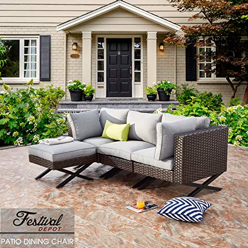 Festival Depot Wicker Patio Chair with Left Armrest Rattan Dining Chair with Thick Cushions and X Shaped Metal Legs Outdoor Furniture for Garden Yard Poolside All-Weather