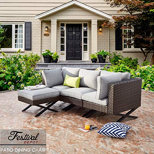 Festival Depot Wicker Patio Chair with Left Armrest Rattan Dining Chair with Thick Cushions and X Shaped Metal Legs Outdoor Furniture for Garden Yard Poolside All-Weather 