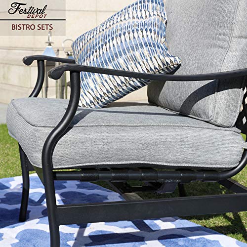 3-Piece Patio Bistro Set Metal Dining Chairs with Thick Cushions and Ceramic Top Side Table (Grey) 