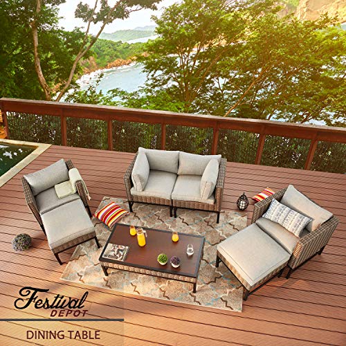 Festival Depot Furniture Dining Bistro Patio Outdoor Side Coffee Table Wicker Rattan Rectangle with Metal Slatted Steel Legs All Weather for Garden Yard 47.2"(L) x 13.3"(H) x 23.6"(W),Brown Black