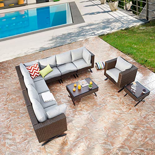 Festival Depot 10pcs Outdoor Furniture Patio Conversation Set Sectional Corner Sofa Chairs with X Shaped Metal Leg All Weather Brown Rattan Wicker Square Side Coffee Table with Grey Seat Back Cushions