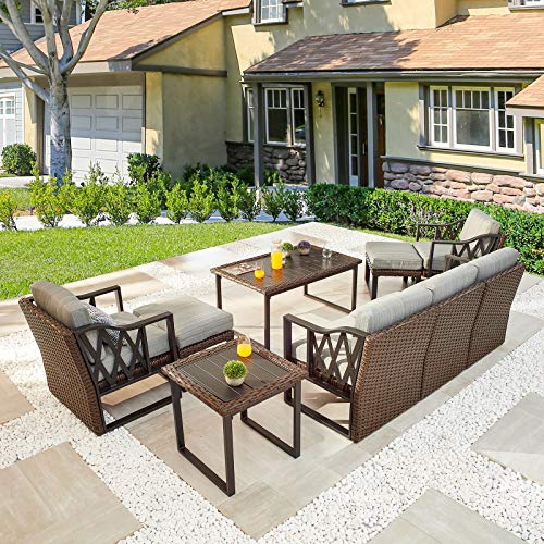 Festival Depot 9pcs Outdoor Furniture Patio Conversation Set Sectional Sofa Chairs All Weather Brown Wicker Ottoman Slatted Coffee Table End Table with Thick Grey Seat Back Cushions, Black