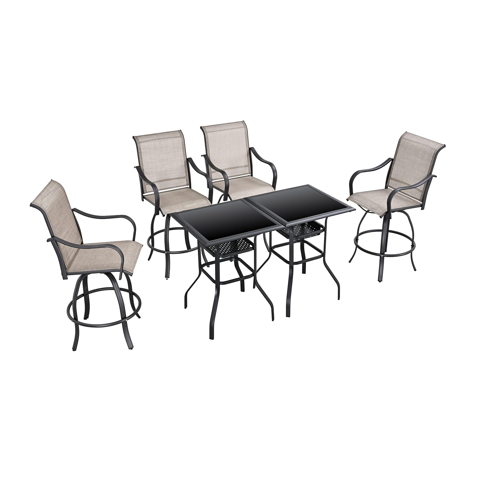 Festival Depot 3 Pcs Patio Bistro Bar Set High Stools Outdoor Furniture with 360° Swivel Armrest Chairs, Coffee Table with Tempered Glass Desktop, Metal Frame for Deck Poolside Garden Porch