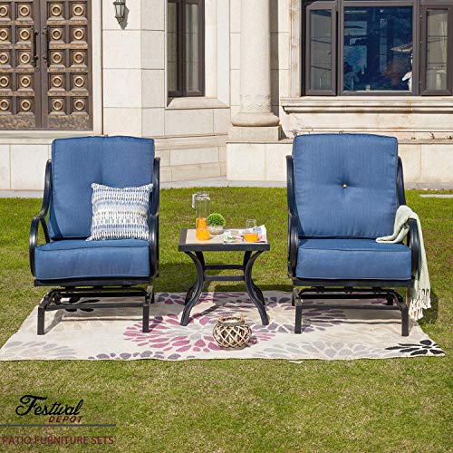 Festival Depot 3-Piece Bistro Outdoor Patio Furniture Sets Square Metal Ceramic Top Coffee Table Slatted Steel Frame Armrest Chairs with Curved Armrest with 5.9''Thick Soft Cushions Garden Porch,Blue