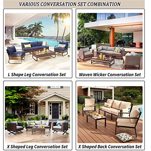 Festival Depot 6 Piece Patio Conversation Set Wicker Armchair with Thick Cushions and Rattan Coffee Table Metal Frame Outdoor Furniture for Porch Garden Backyard