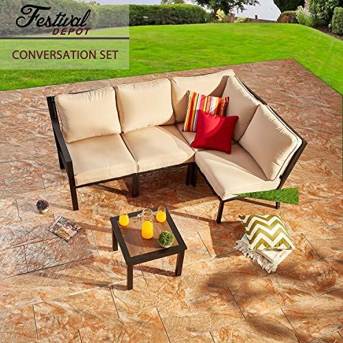 Festival Depot Outdoor Furniture Patio Conversation Sets Loveseat Armchair, All-Weather Black X Slatted Backrest Chairs with Coffee Side Table and Thick Soft Removable Couch Cushions
