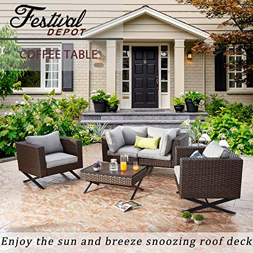 Festival Depot Metal Outdoor Side Coffee Table Patio Bistro Living Room Dining Table Wood Grain Top Wicker Rattan Furniture with X Shaped Steel Legs Brown Black
