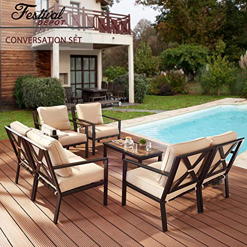 Festival Depot 7-Pieces Patio Outdoor Furniture Conversation Sets Loveseat Sectional Sofa, All-Weather Black Slatted Back Chairs with Coffee Table and Soft Removable Couch Cushions (Beige) 