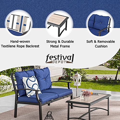 Festival Depot 2 Pcs Patio Bistro Set Conversation Set with Coffee Table Outdoor Furniture Loveseat Armchair with Hand-Woven Textilene Rope Backrest (Black Metal Frame with Blue Cushion)