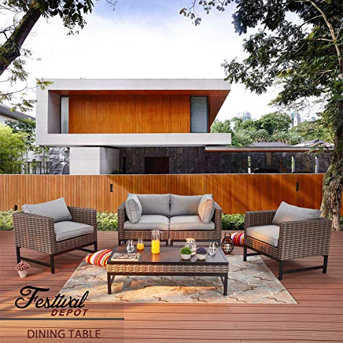 Festival Depot Patio Table Rattan Woven Wicker Coffee Table with Aluminum Tabletop and U Shaped Leg All Weather Outdoor Furniture for Backyard Porch Garden