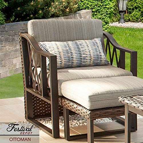 Festival Depot Patio Ottoman Wicker Footstool with Thick Cushion Metal Frame Outdoor Furniture for Deck Yard All Weather (Grey) 