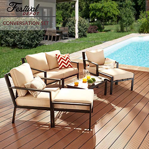 Festival Depot 7-Pieces Patio Outdoor Furniture Conversation Sets Loveseat Sectional Sofa, All-Weather Black Slatted Back Chairs with Coffee Table and Thick Soft Removable Couch Cushions(Beige)