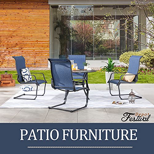 Festival Depot 5 Pieces Patio Dining Set of 4 High Back Chairs with Textilene Fabric and 1 Round Wrought Iron Table with 2.04" Umbrella Hole Outdoor Furniture for Backyard Deck Garden