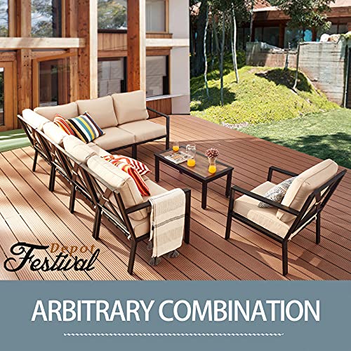 Festival Depot 7 Pieces Patio Furniture Set All-Weather Polyester Fabrics Metal Frame Sofa Outdoor Conversation Set Sectional Corner Couch with Cushions & Coffee Table for Deck Poolside Balcony(Beige) 