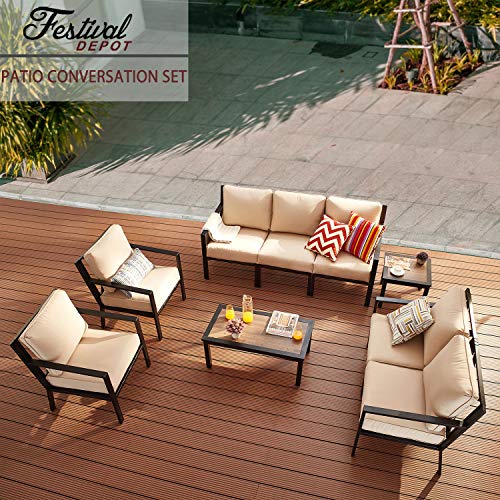 Festival Depot Outdoor Furniture Patio Conversation Sets Loveseat Armchair, All-Weather Black X Slatted Backrest Chairs with Coffee Side Table and Thick Soft Removable Couch Cushions