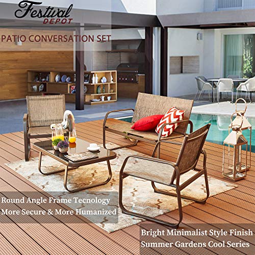 Festival Depot 4 Pieces Patio Furniture Outdoor Conversation Set with Metal Side Coffee Table Steel Armchairs Loveseat Round Angle Edge Summer Small Style 