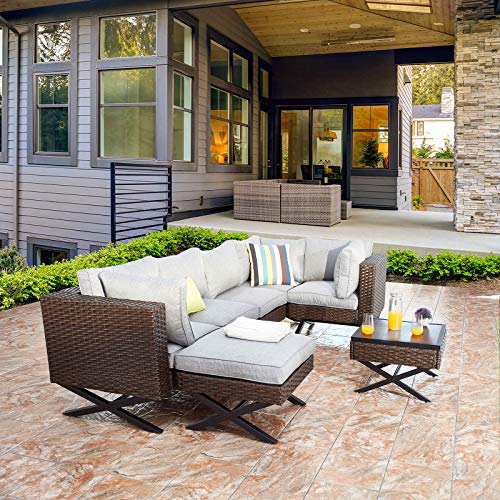 Festival Depot 7pcs Outdoor Furniture Patio Conversation Set Sectional Corner Sofa Chairs with X Shaped Metal Leg All Weather Brown Rattan Wicker Ottoman Side Coffee Table with Grey Seat Back Cushions 