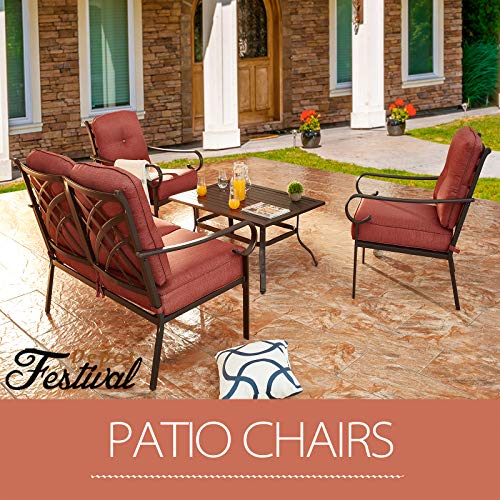 Festival Depot 4 Pieces Patio Conversation Set Loveseat Armchairs with Thick Cushions and Slatted Steel Top Coffee Table Metal Outdoor Furniture, Red