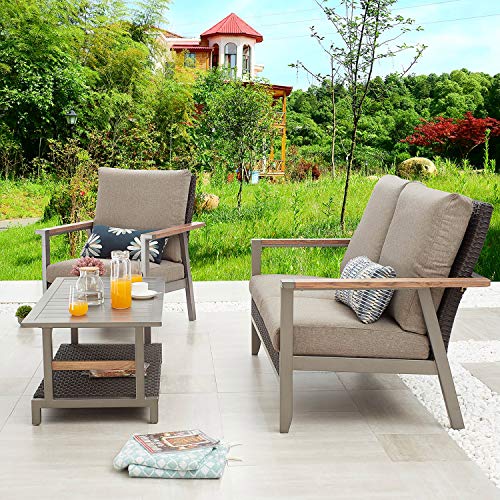 Festival Depot 3pcs Patio Conversation Set All Weather Wicker Chair Rattan Loveseat with Grey Thick Cushions and Coffee Table in Metal Frame Outdoor Furniture for Deck Yard