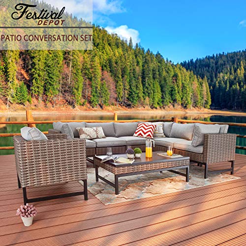 Festival Depot 8 Pieces Outdoor Furniture Patio Conversation Set Combination Sectional Corner Sofa All-Weather Woven Wicker Metal Chairs with Seating Back Cushions Side Coffee Table, Gray 