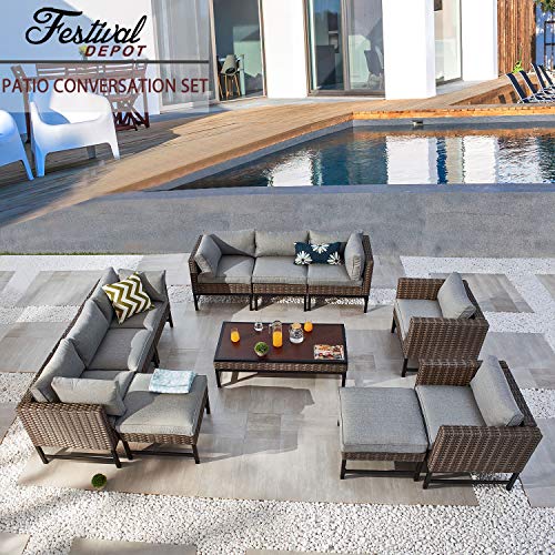 Festival Depot 11 Pieces Outdoor Furniture Patio Conversation Set Combination Sectional Sofa Loveseat All-Weather Wicker Metal Chairs with Seating Back Cushions Side Coffee Table,Gray 