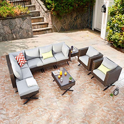 Festival Depot 10Pc Outdoor Furniture Patio Conversation Set Sectional Corner Sofa Chairs with X Shaped Metal Leg All Weather Brown Rattan Wicker Ottoman Side Coffee Table with Grey Seat Back Cushions 