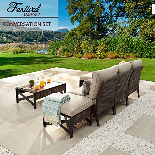 Festival Depot 6 Pcs Patio Outdoor Furniture Conversation Set Sectional Sofa with All-Weather Brown PE Rattan Wicker Back Chair, Coffee Table, Ottoman and Soft Thick Removable Couch Cushions 