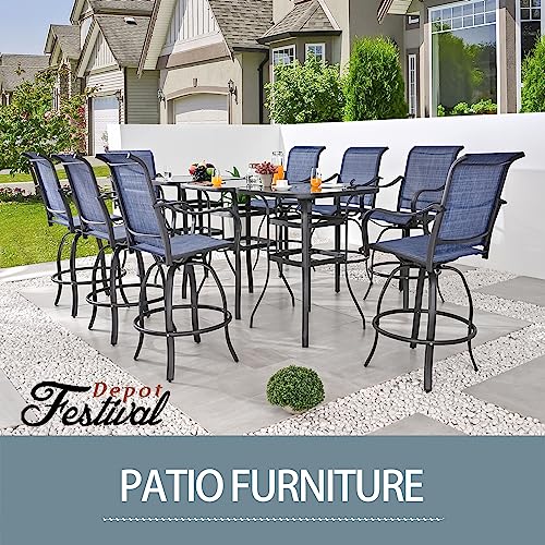 Festival Depot 11 Pcs Patio Dining Set Bar Height Stools Swivel Bistro Chairs with Armrest and Tempered Glass Top Table Metal Outdoor Furniture for Yard (8 Chairs, 3 Table, Blue)