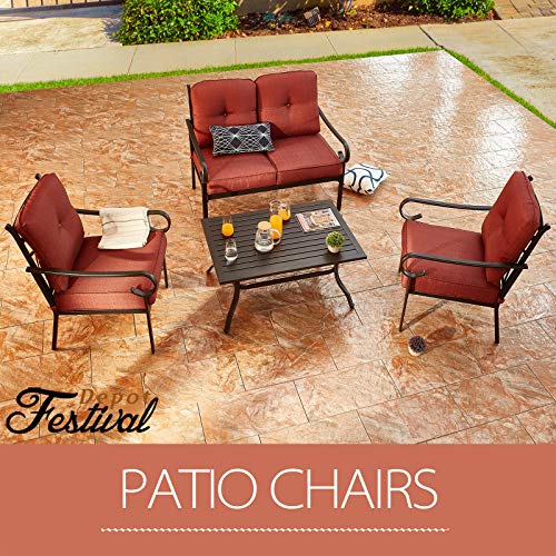 Festival Depot 4 Pieces Patio Conversation Set Loveseat Armchairs with Thick Cushions and Slatted Steel Top Coffee Table Metal Outdoor Furniture, Red