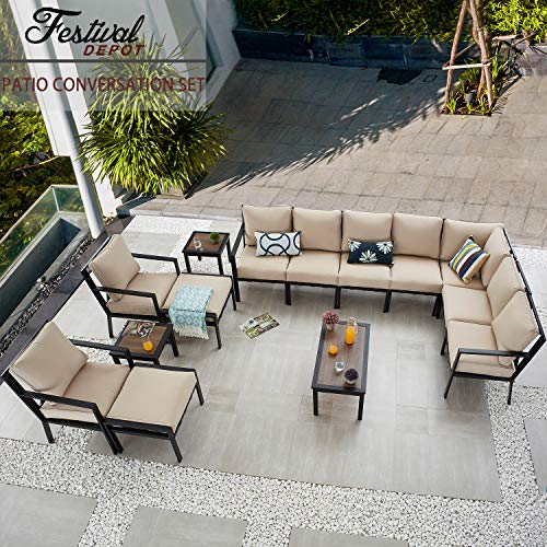 Festival Depot 14-Pieces Patio Outdoor Furniture Conversation Sets Loveseat Sectional Sofa, All-Weather Black X Slatted Back Chair with Coffee Table and Removable Couch Cushions (Beige) 