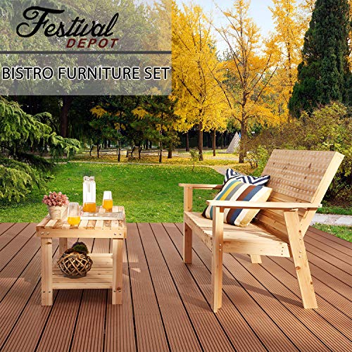 Festival Depot 2 Pieces Patio Furniture Outdoor Conversation Set Wood Armrest Loveseat Chair Stars and Strips Printing Dining Coffee Side Table 