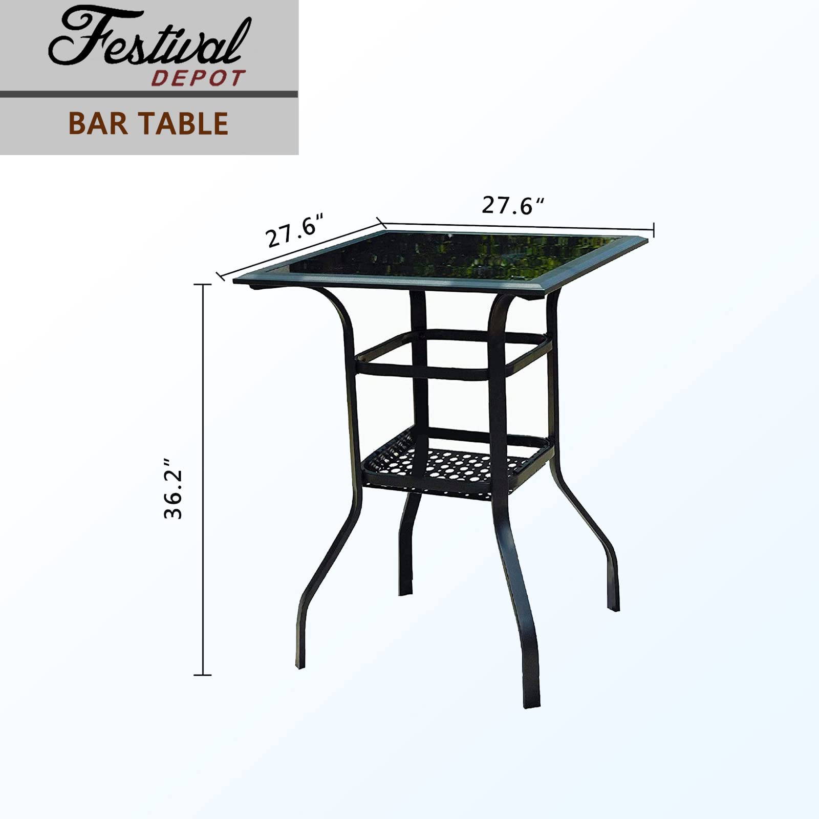 Festival Depot 3 Pcs Patio Bistro Bar Set High Stools Outdoor Furniture with 360° Swivel Armrest Chairs, Coffee Table with Tempered Glass Desktop, Metal Frame for Deck Poolside Garden Porch