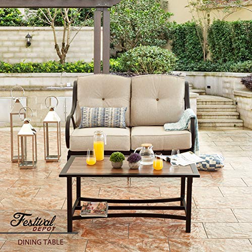 Festival Depot 2 Pieces Patio Loveseat Metal Frame with Coffee Table Set Conversation Premium Fabric Metal Frame Furniture Set Garden Bistro Seating Chair Thick&Soft Cushion (Loveseat, Beige)