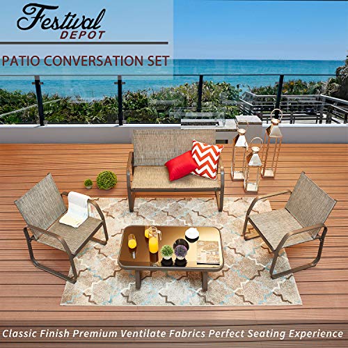 Festival Depot 4 Pieces Patio Furniture Outdoor Conversation Set with Metal Side Coffee Table Steel Armchairs Loveseat Round Angle Edge Summer Small Style