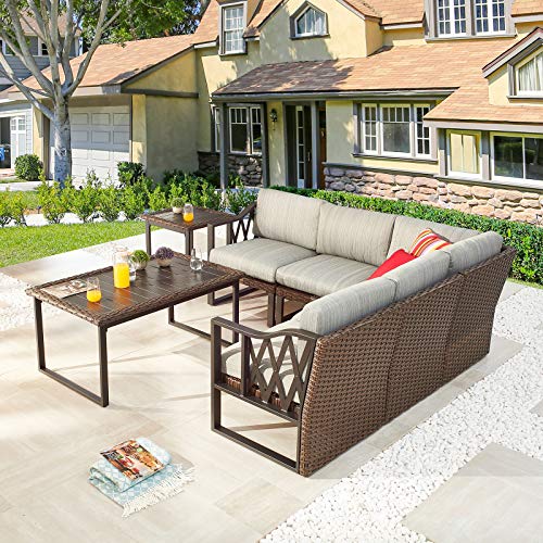Festival Depot 7pcs Outdoor Furniture Patio Conversation Set Sectional Corner Sofa Chairs All Weather Brown Rattan Wicker Slatted Coffee Table End Table with Grey Thick Seat Back Cushions, Black 