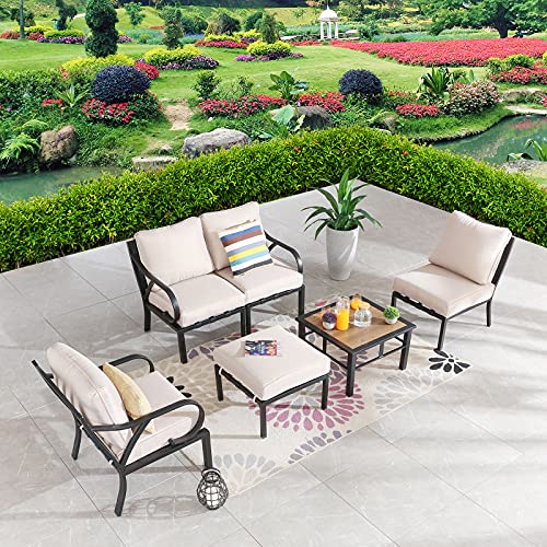 Festival Depot 6pcs Patio Conversation Set Sectional Metal Chairs with Cushions Ottoman and Coffee Table All Weather Outdoor Furniture for Garden Backyard Balcony, Beige 
