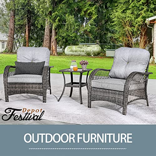 Festival Depot 3 Pieces Patio Bistro Set PE Wicker Armchairs Set of 2 with Tempered Glass Top Side Table Outdoor Furniture Conversation Set (Brown Wicker, Grey Cushion)