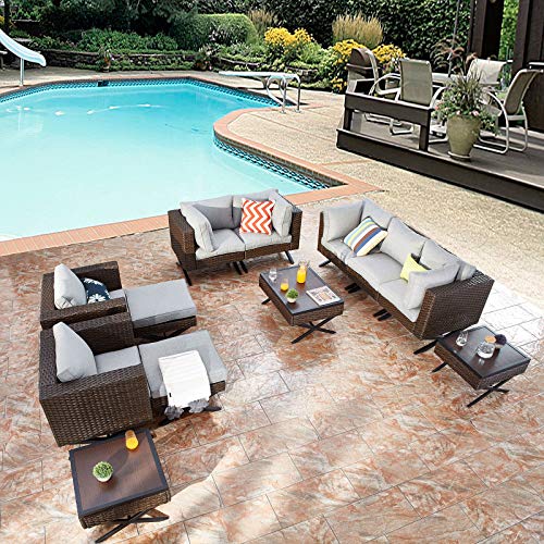 Festival Depot 12pcs Outdoor Furniture Patio Conversation Set Sectional Corner Sofa Chairs with X Shaped Metal Leg All Weather Brown Rattan Wicker Rectangle Coffee Table with Grey Seat Back Cushions 