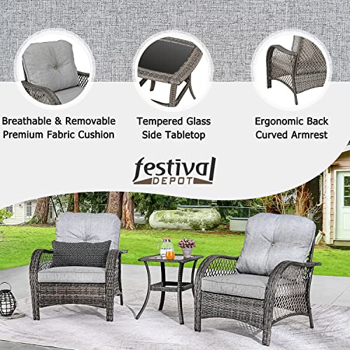 3-Pieces Patio Bistro Set PE Wicker Armchairs Set of 2 with Tempered Glass Top Side Table 