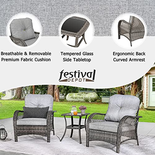 3-Pieces Patio Bistro Set PE Wicker Armchairs Set of 2 with Tempered Glass Top Side Table