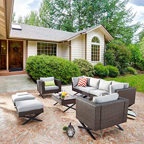 Festival Depot 9pcs Outdoor Furniture Patio Conversation Set Sectional Corner Sofa Chairs with X Shaped Metal Leg All Weather Brown Rattan Wicker Ottoman Coffee Table with Grey Seat Back Cushions 