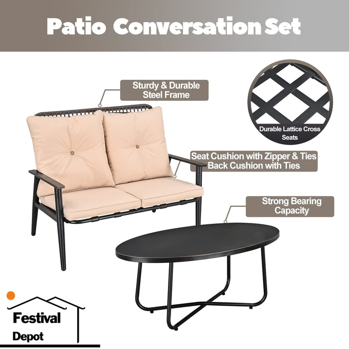 Festival Depot 2 Pcs Patio Bistro Set PE Wicker Conversation Set, Outdoor Furniture Loveseat Armchair with Cushions Metal Coffee Table for Backyard Porch Balcony Outside Poolside Lawn (Khaki)