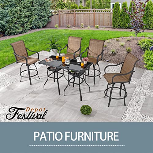 Festival Depot 3 Pcs Patio Bistro Bar Set High Stools Outdoor Furniture with 360° Swivel Armrest Chairs, Coffee Table with Tempered Glass Desktop, Metal Frame for Deck Poolside Garden Porch