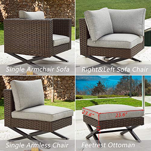 Festival Depot 6pc Patio Conversation Set Sectional Corner Sofa Arm Chairs Set Outdoor All-Weather Wicker Metal Chairs with Thick Soft Seating Back Cushions Square Coffee Table Ottoman Garden Poolside 